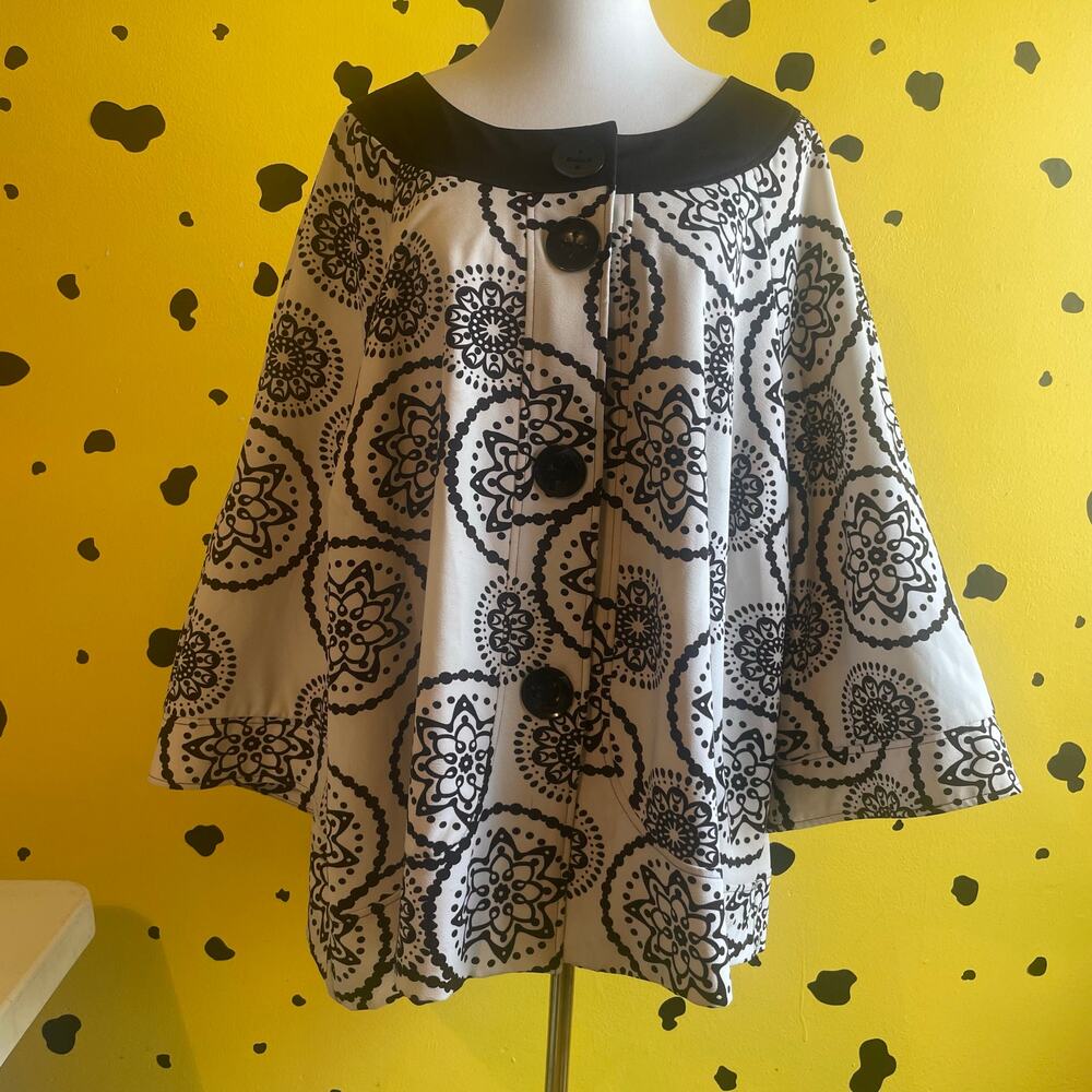 Womens Cape Oversized Poncho Black & Cream Mod Print Statement Retro Outerwear